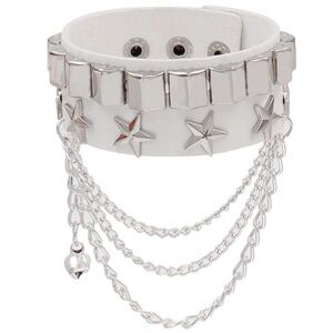 White and Silver Star Chain Leather Bracelet - Cute Goth Punk Rocker Biker Cuff